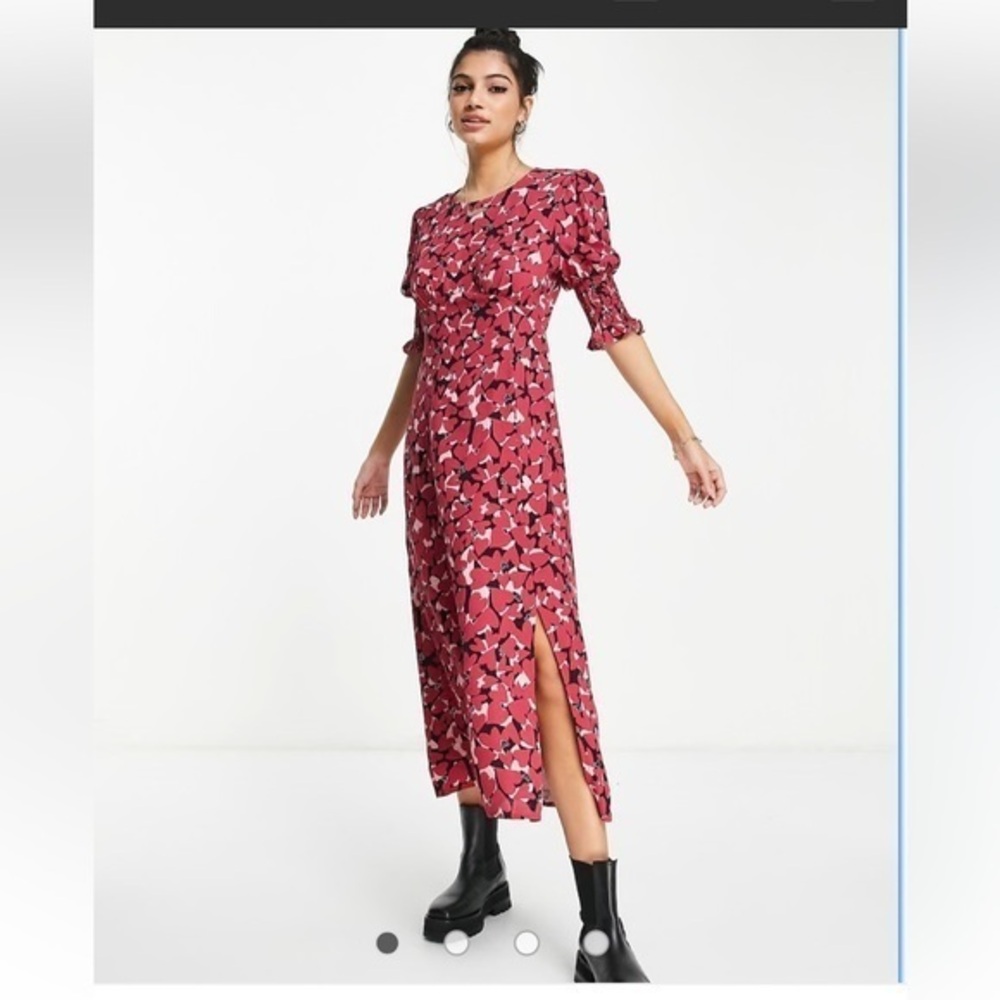 Anthropologie Sz 12 Floral Midi Dress in Rose Red